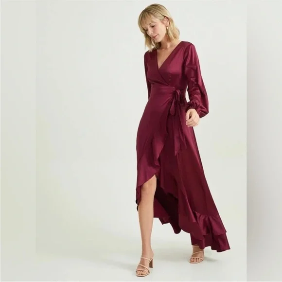 burgundy silk wrap dress Deep Burgundy Satin Long-Sleeve Wrap Midi-Dress